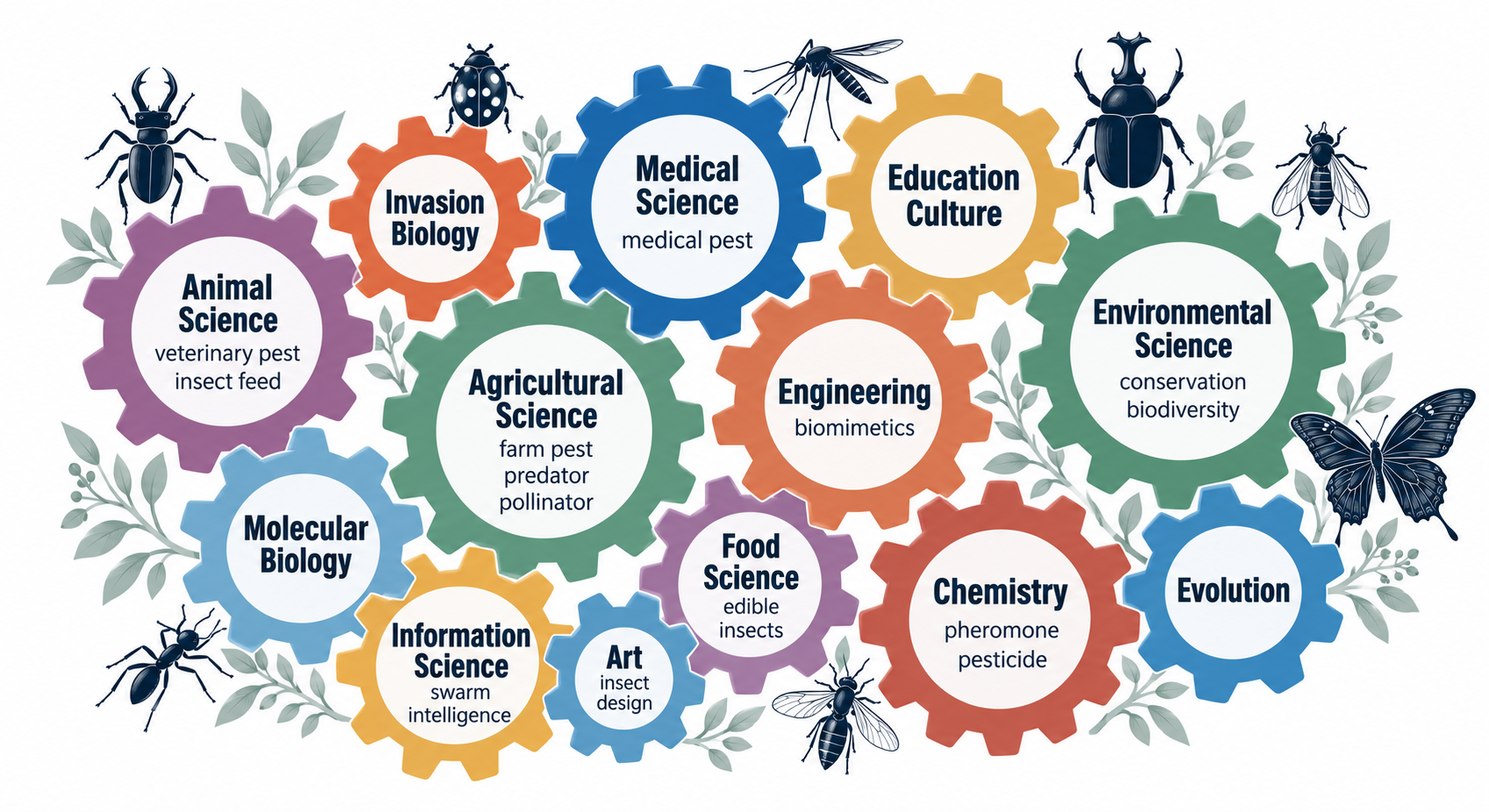 Interlocking gears connecting entomology with science, education, culture, agriculture, engineering and other disciplines
