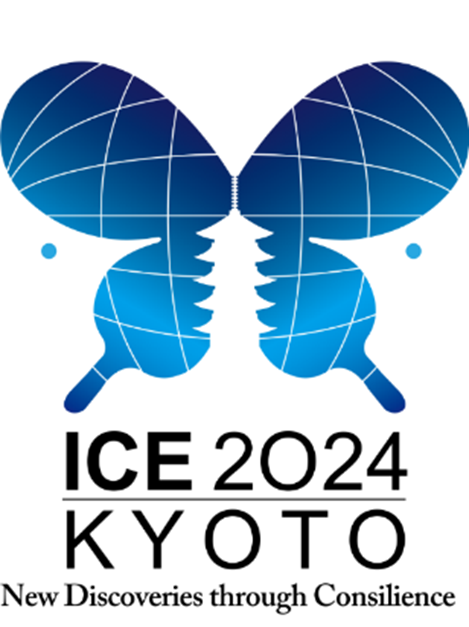 ICE2024 Kyoto logo: blue swallowtail wings, a five-storey pagoda and people facing one another