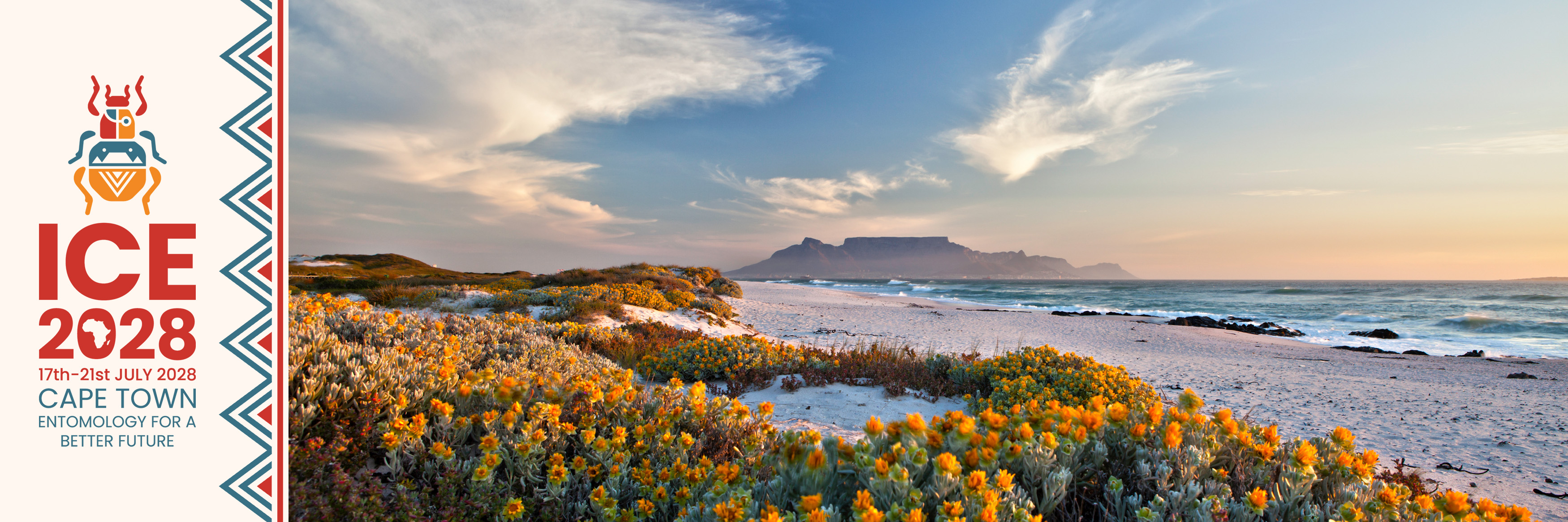 ICE2028 Cape Town · 17–21 July 2028 · Entomology for a better future. Official banner showing Table Mountain and the Cape Town coastline.